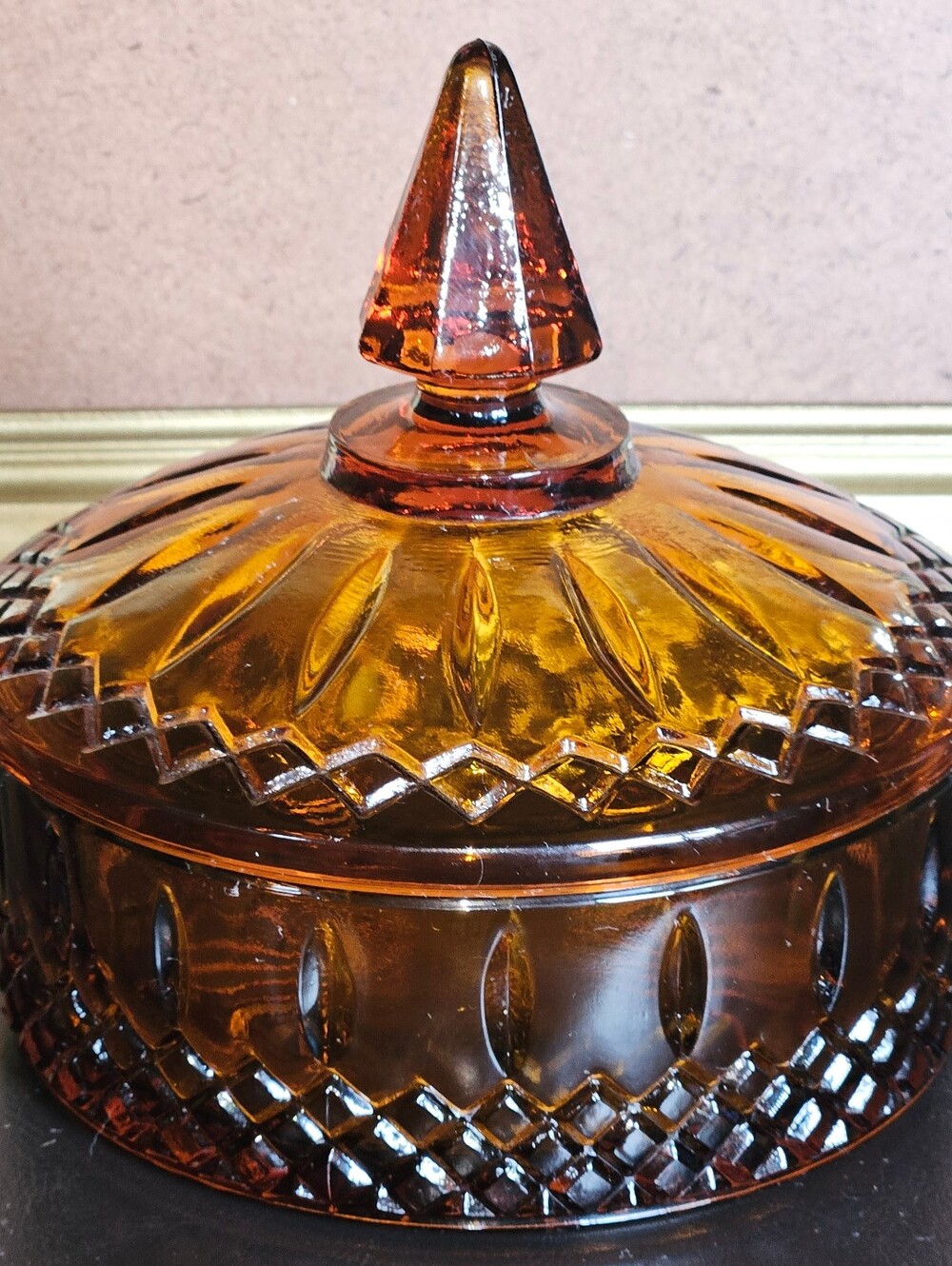 Indiana Glass Vintage Princess Amber Glass Covered Candy Dish 6 inch